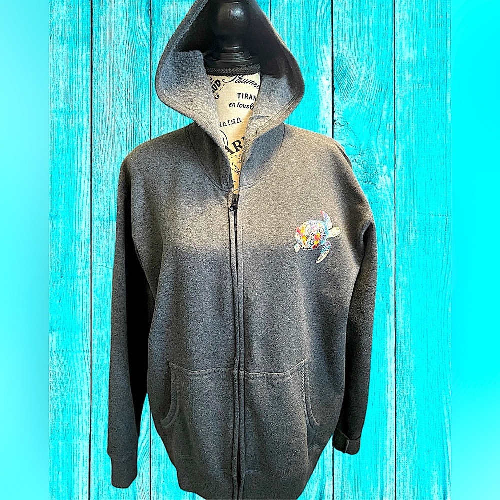 Charcoal Zip-Up Hoodie with Turtle Design